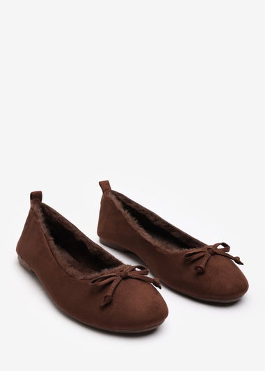 Wheres That From Cassia Brown Suede Faux Fur Fluffy Slippers