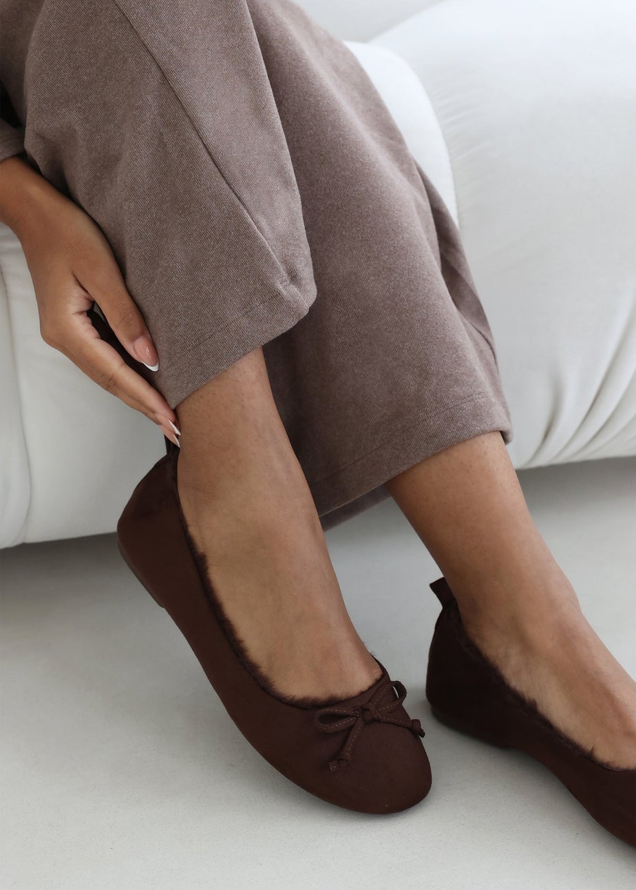 Wheres That From Cassia Brown Suede Faux Fur Fluffy Slippers