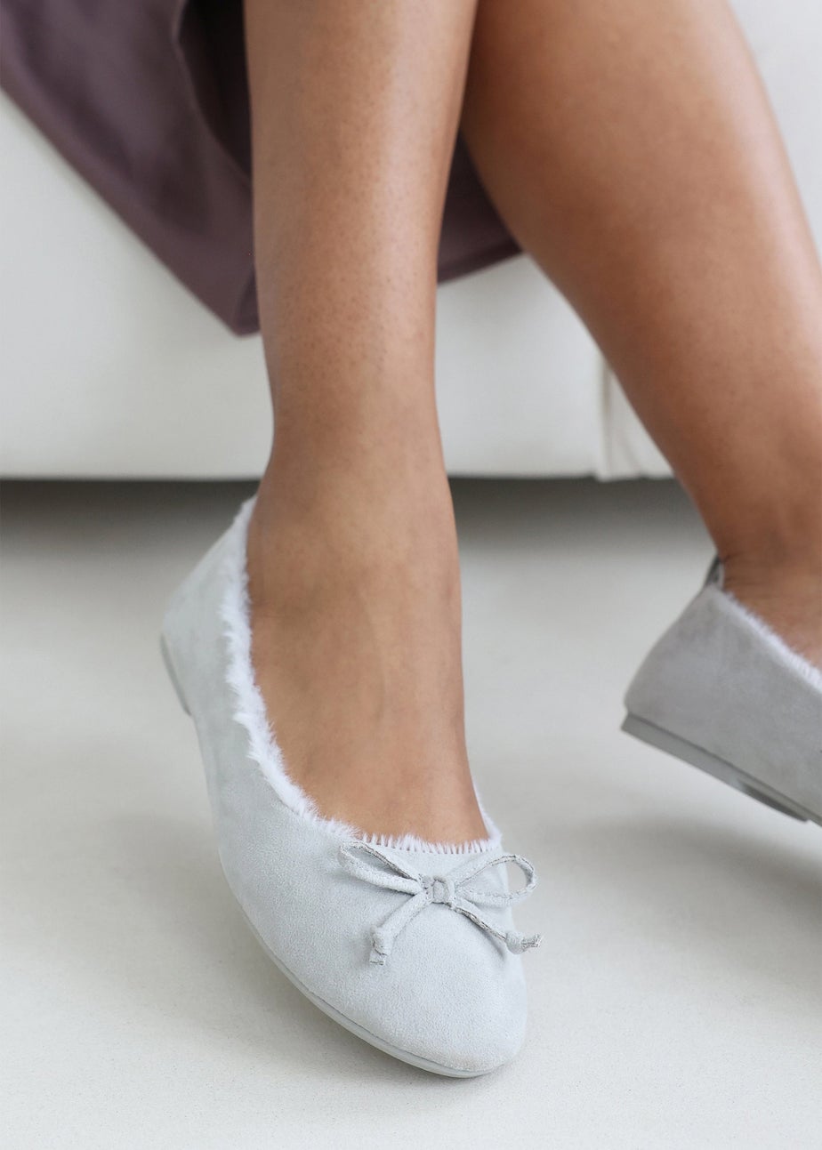 Wheres That From Cassia Grey Suede Faux Fur Fluffy Slippers