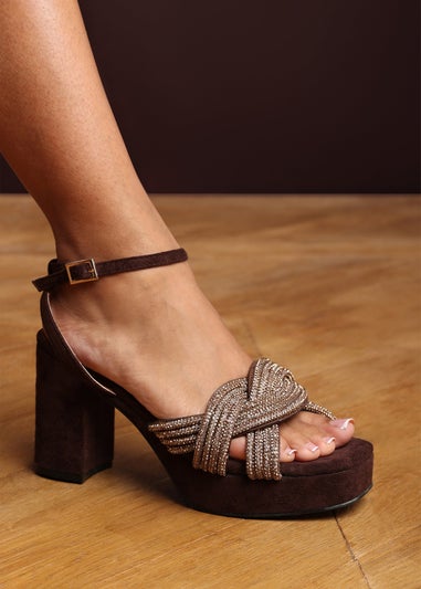 Wheres That From Karen Wide-Fit Brown Suede Platform Block Heels