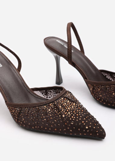 Where's That From California Brown Diamante Mesh Slingback Heels