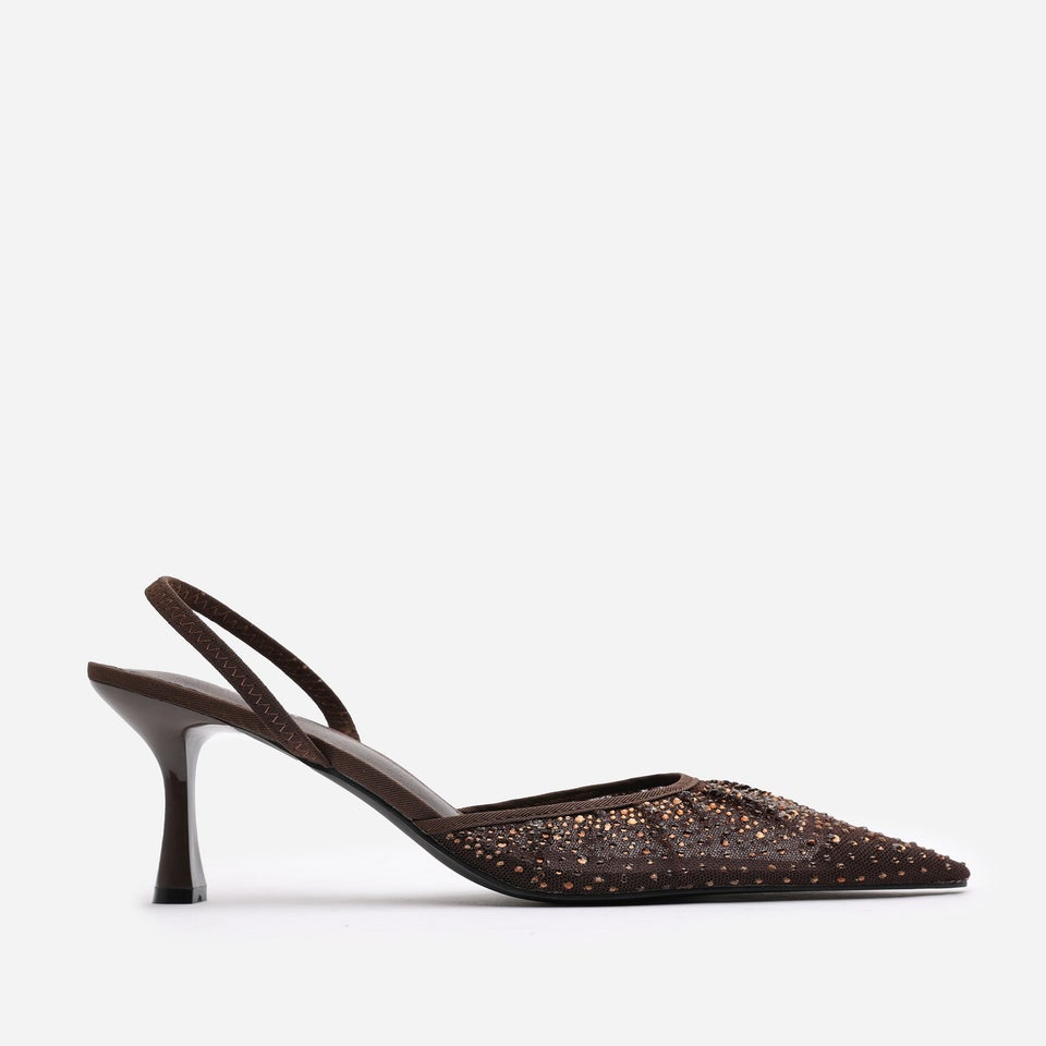 Where's That From California Brown Diamante Mesh Slingback Heels