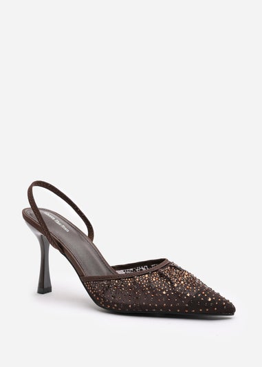 Where's That From California Brown Diamante Mesh Slingback Heels