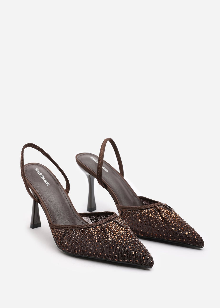Where's That From California Brown Diamante Mesh Slingback Heels