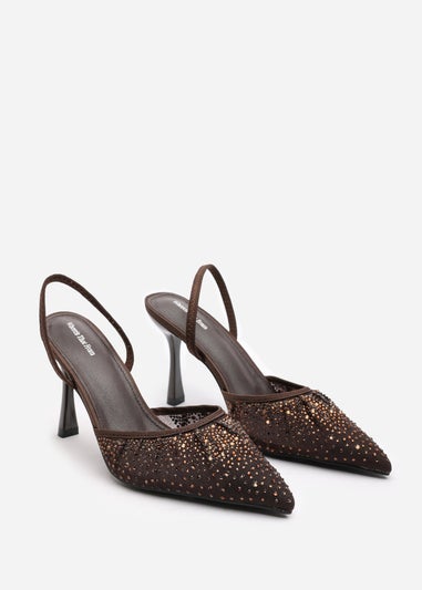 Where's That From California Brown Diamante Mesh Slingback Heels