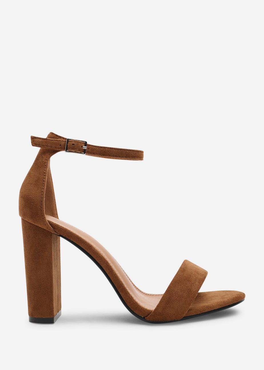 Where's That From Skye Cognac Suede Strappy Block Heels