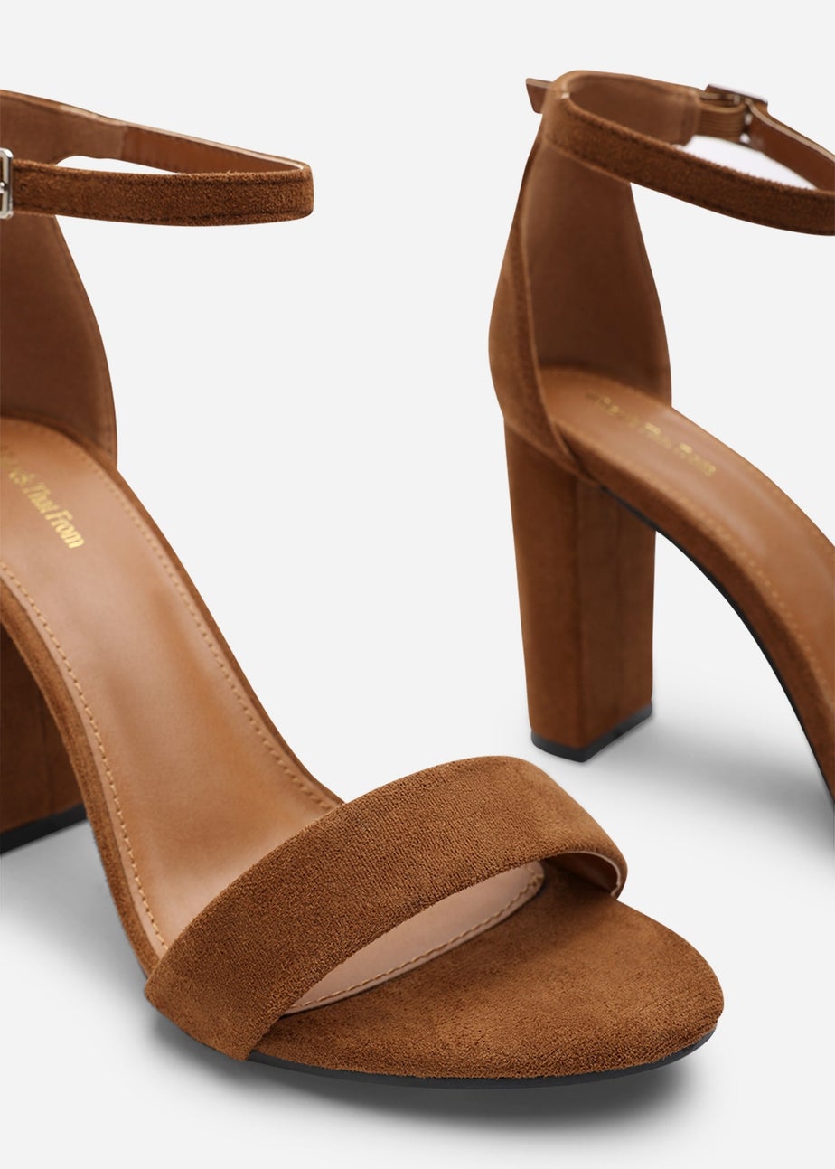 Where's That From Skye Cognac Suede Strappy Block Heels