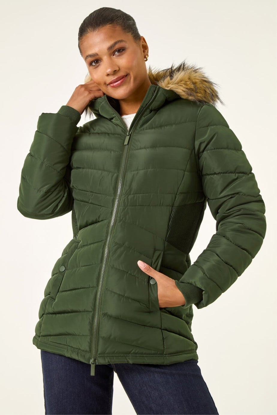 Roman Khaki Faux Fur Hooded Quilt Coat