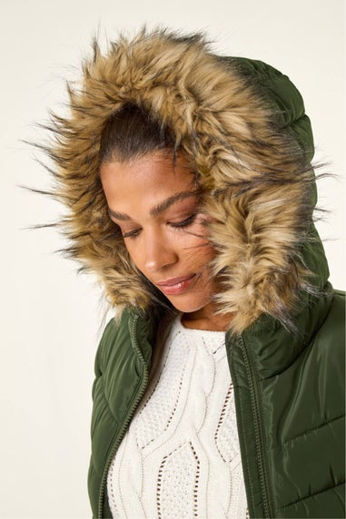Roman Khaki Faux Fur Hooded Quilt Coat
