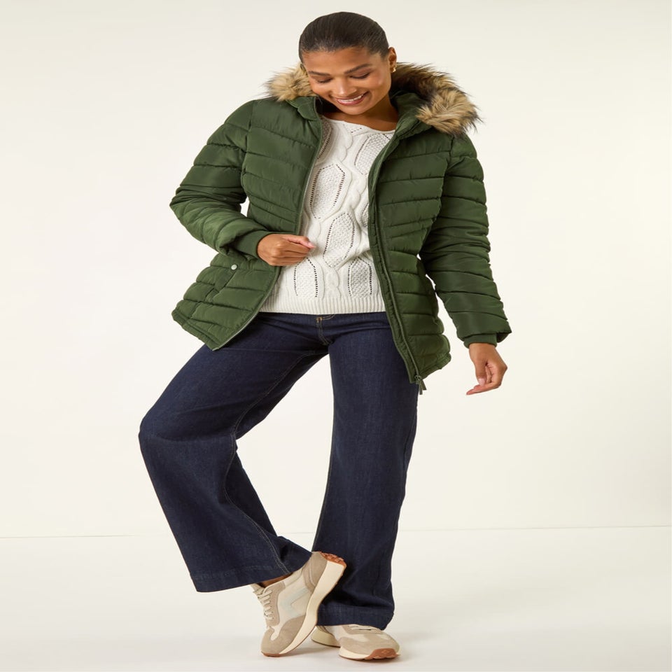 Roman Khaki Faux Fur Hooded Quilt Coat