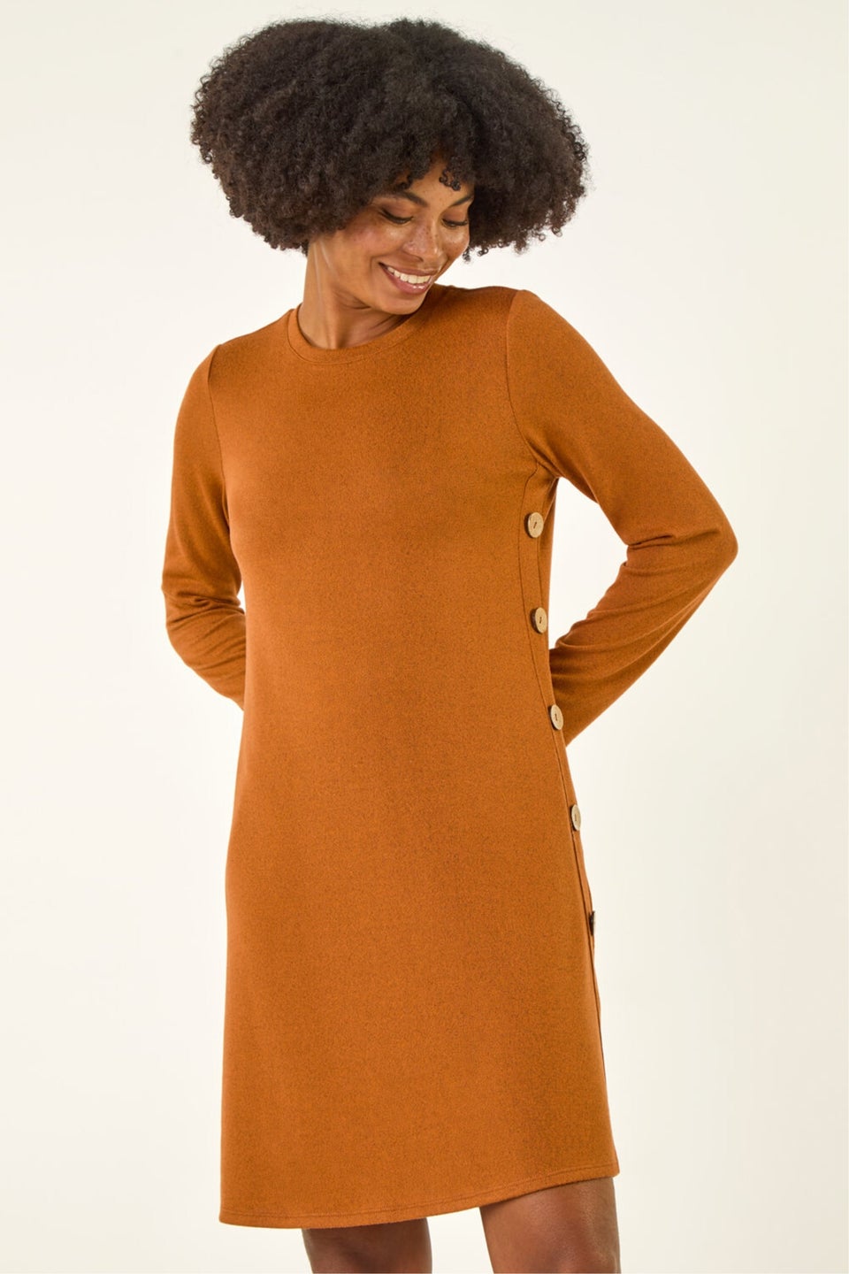 Roman Orange Side Button Detail Stretch Swing Dress
