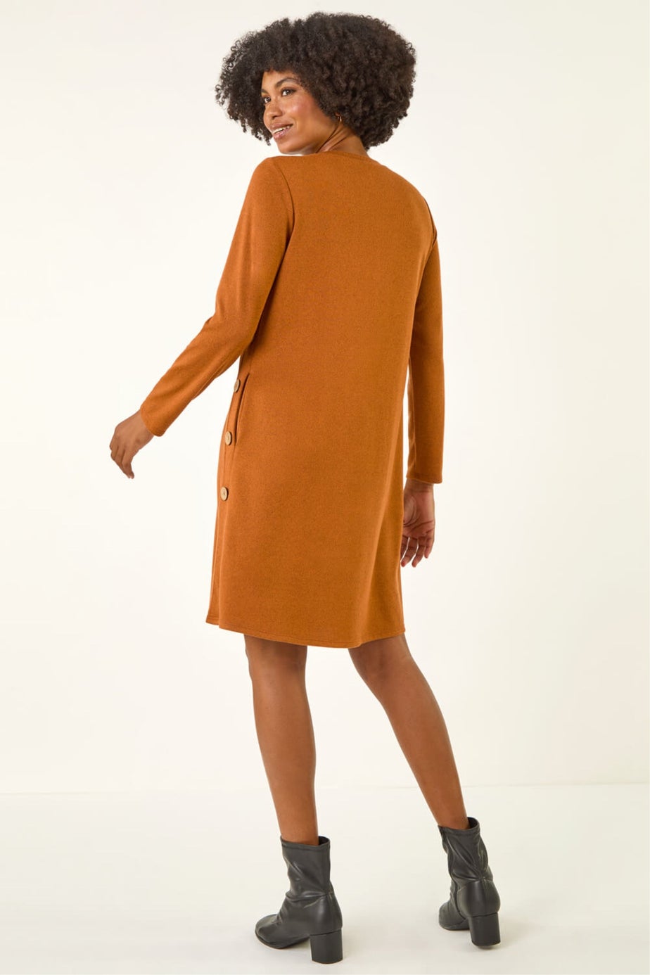 Roman Orange Side Button Detail Stretch Swing Dress