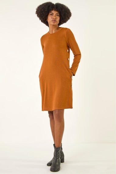 Roman Orange Side Button Detail Stretch Swing Dress