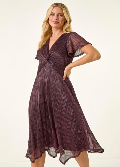 Roman Pink Petite Shimmer Twist Front Midi Dress