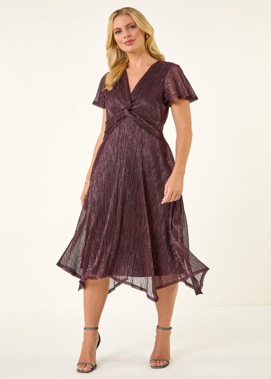 Roman Pink Petite Shimmer Twist Front Midi Dress