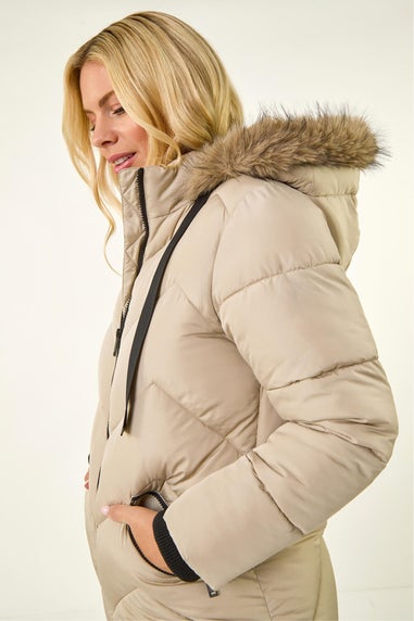 Roman Ivory Petite Contrast Zip Puffer Coat