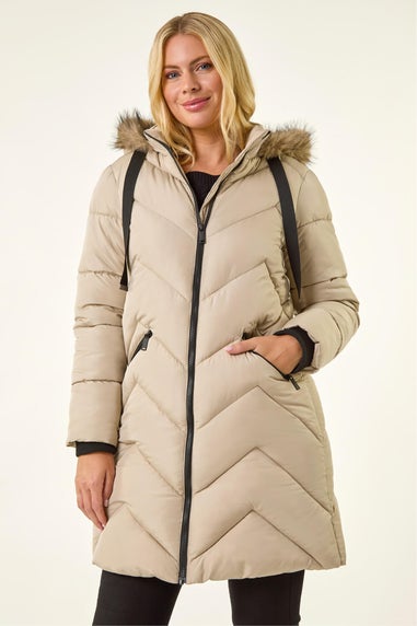 Roman Ivory Petite Contrast Zip Puffer Coat
