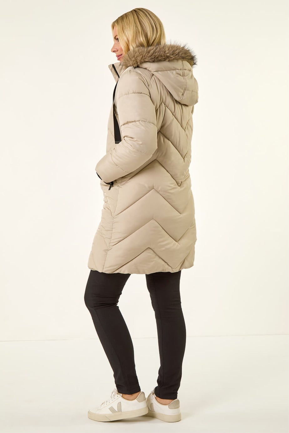 Roman Ivory Petite Contrast Zip Puffer Coat