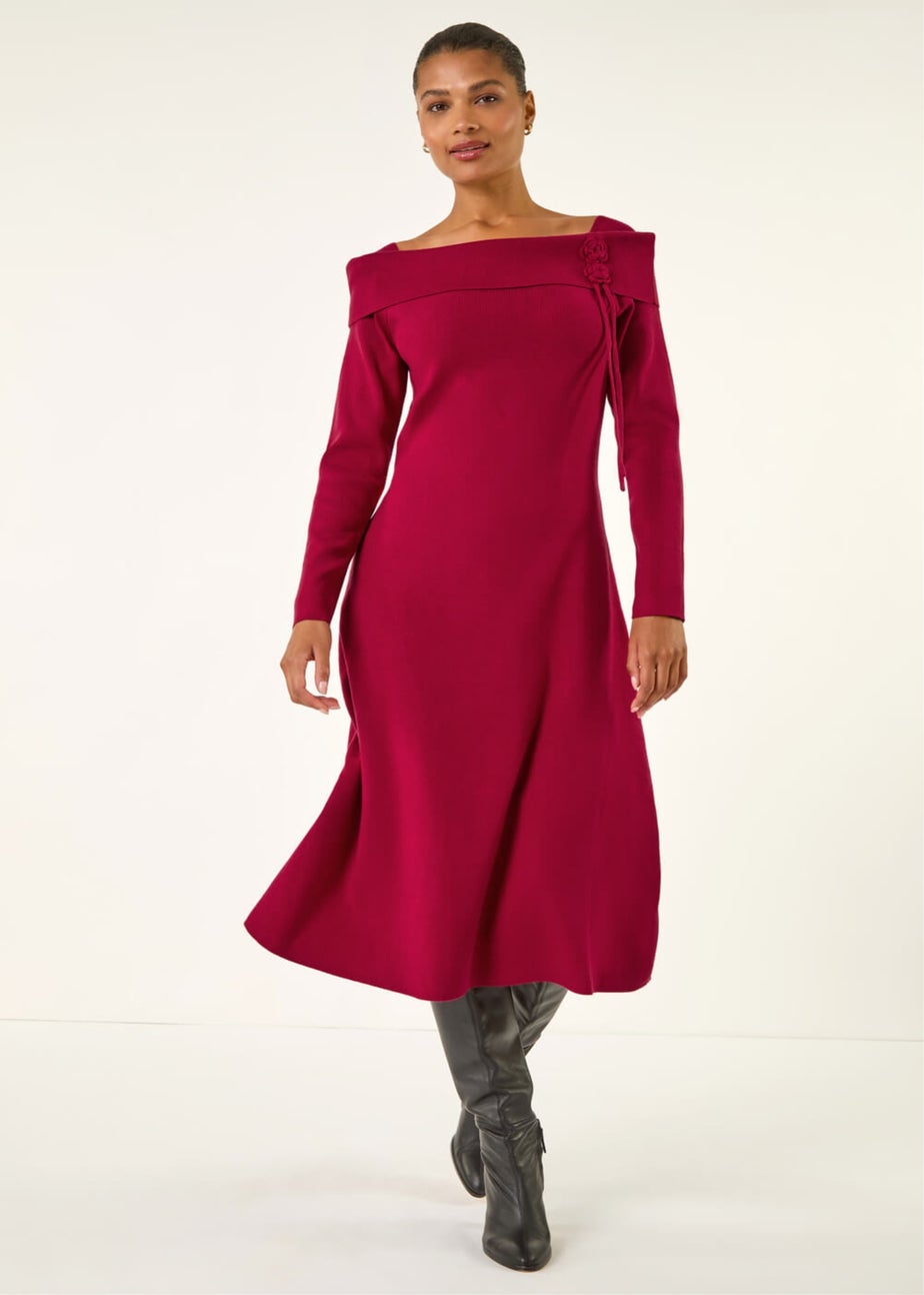 Roman Red Floral Bardot Knit Midi Dress