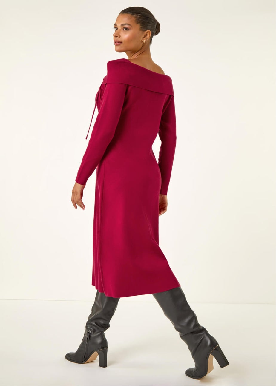 Roman Red Floral Bardot Knit Midi Dress