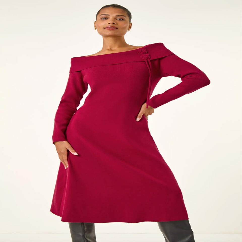 Roman Red Floral Bardot Knit Midi Dress