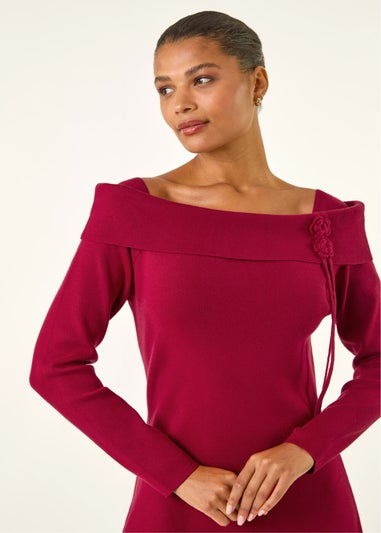 Roman Red Floral Bardot Knit Midi Dress