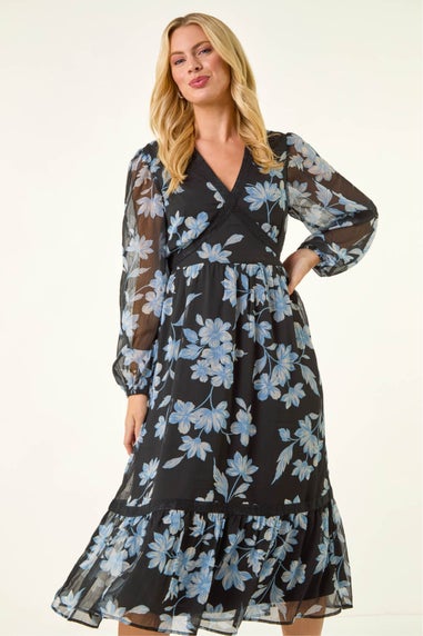 Roman Black Petite Floral Print Trim Midi Dress