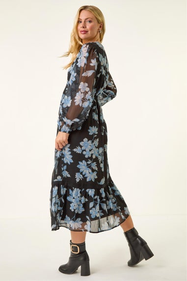 Roman Black Petite Floral Print Trim Midi Dress