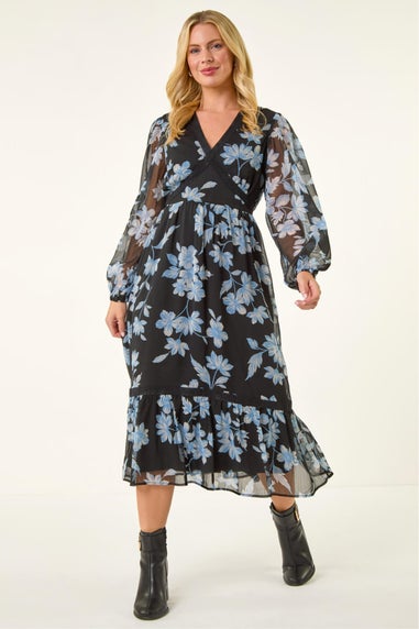 Roman Black Petite Floral Print Trim Midi Dress