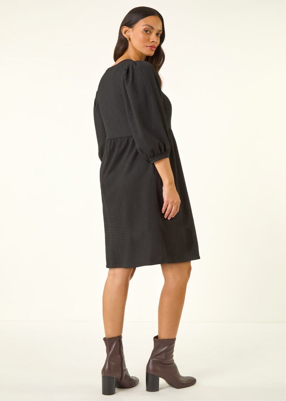 Dusk Black Textured Blouson Puff Sleeve Dress