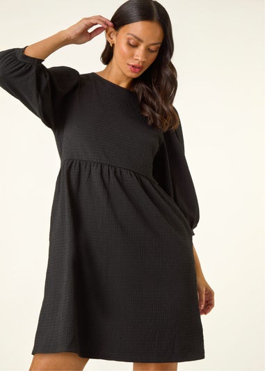 Dusk Black Textured Blouson Puff Sleeve Dress