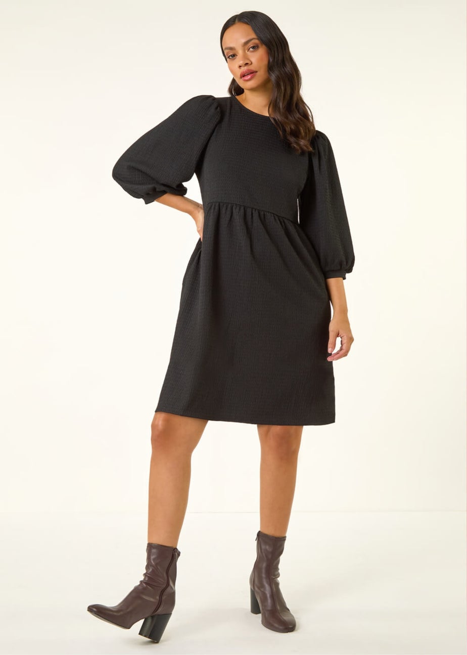 Dusk Black Textured Blouson Puff Sleeve Dress