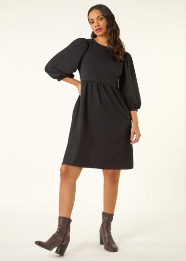Dusk Black Textured Blouson Puff Sleeve Dress