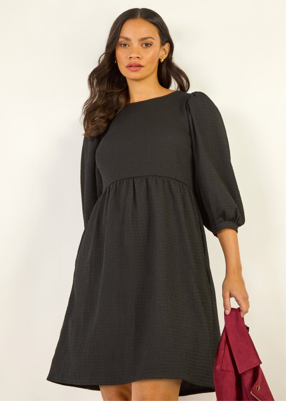 Dusk Black Textured Blouson Puff Sleeve Dress