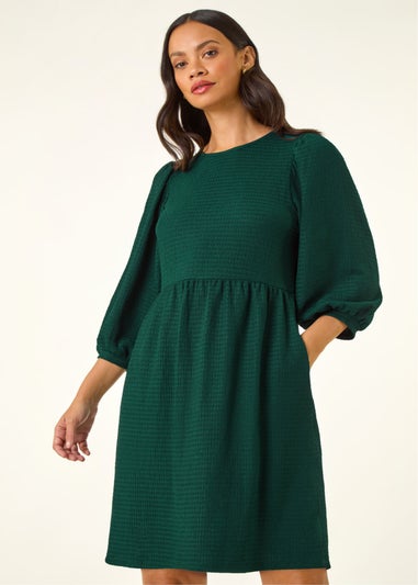 Dusk Teal Textured Blouson Puff Sleeve Dress