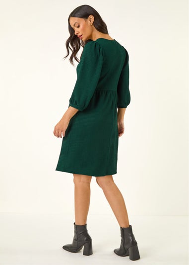 Dusk Teal Textured Blouson Puff Sleeve Dress