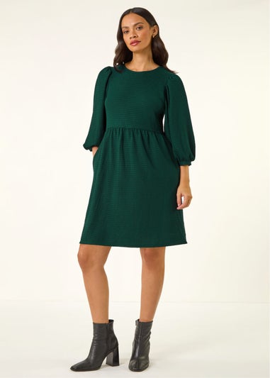 Dusk Teal Textured Blouson Puff Sleeve Dress