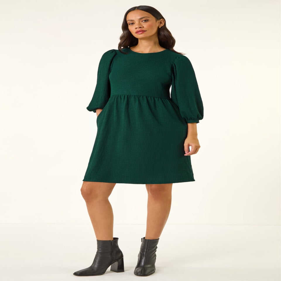Dusk Teal Textured Blouson Puff Sleeve Dress