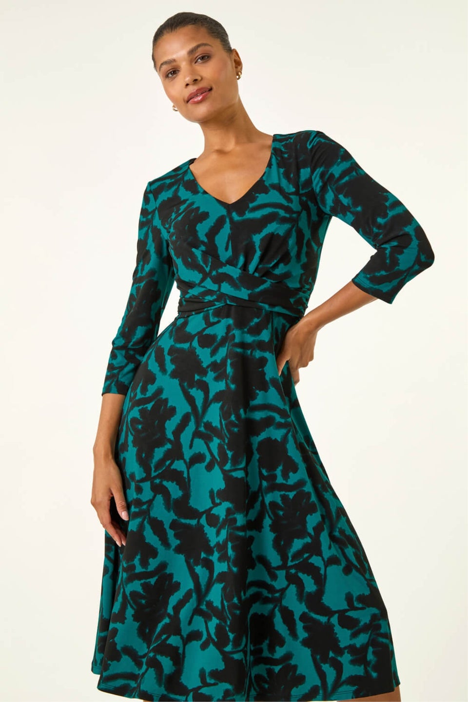 Roman Teal Floral Print Wrap Midi Stretch Dress