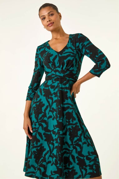 Roman Teal Floral Print Wrap Midi Stretch Dress