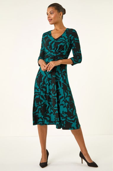Roman Teal Floral Print Wrap Midi Stretch Dress