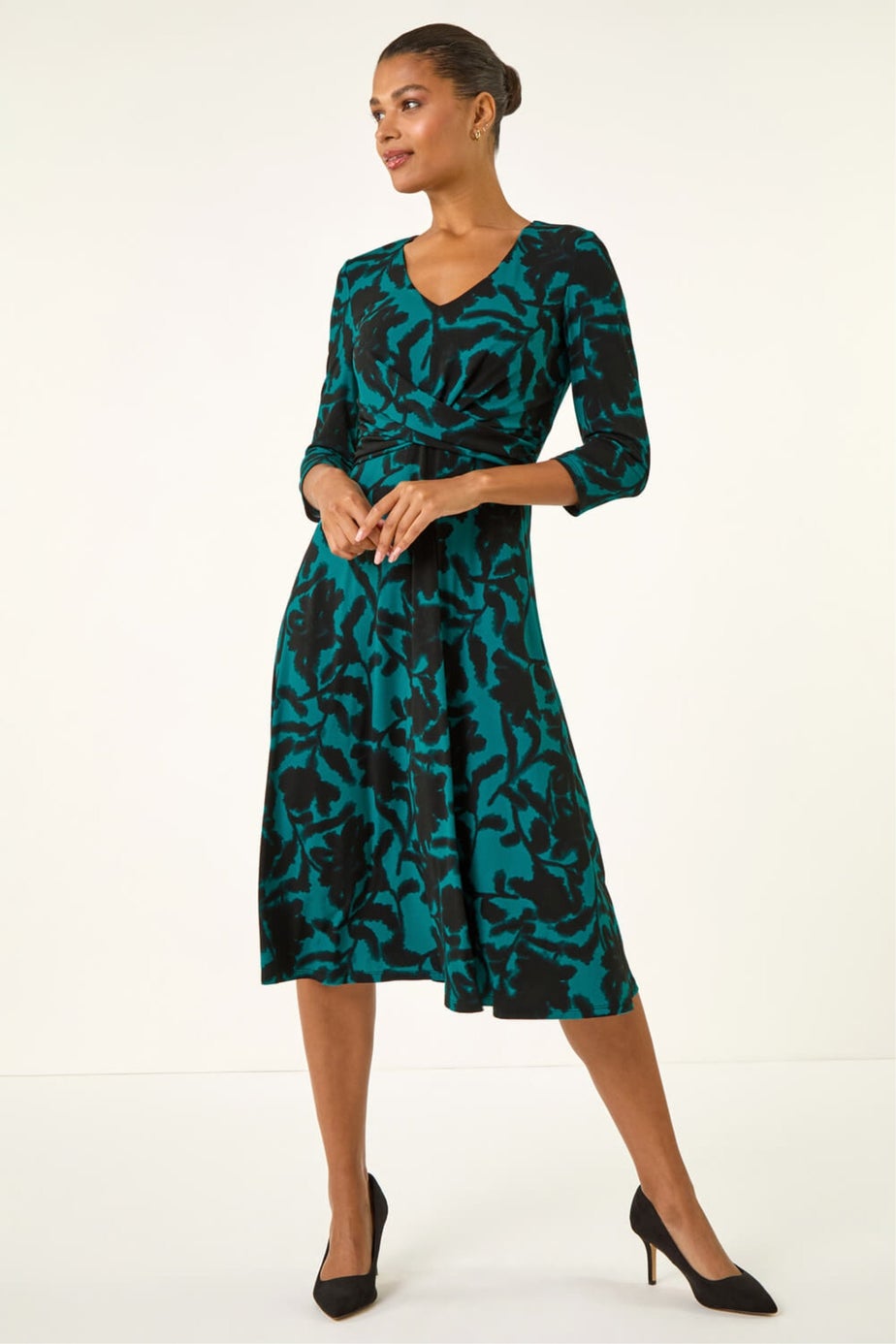 Roman Teal Floral Print Wrap Midi Stretch Dress
