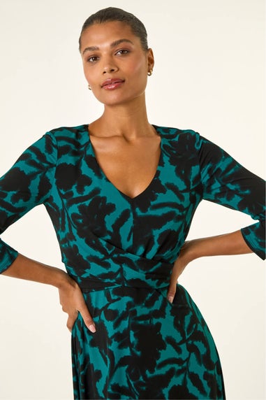 Roman Teal Floral Print Wrap Midi Stretch Dress
