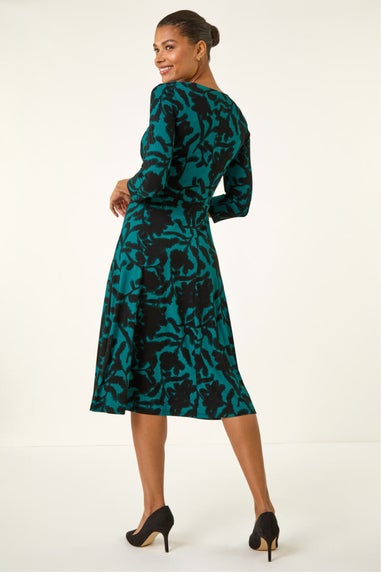 Roman Teal Floral Print Wrap Midi Stretch Dress