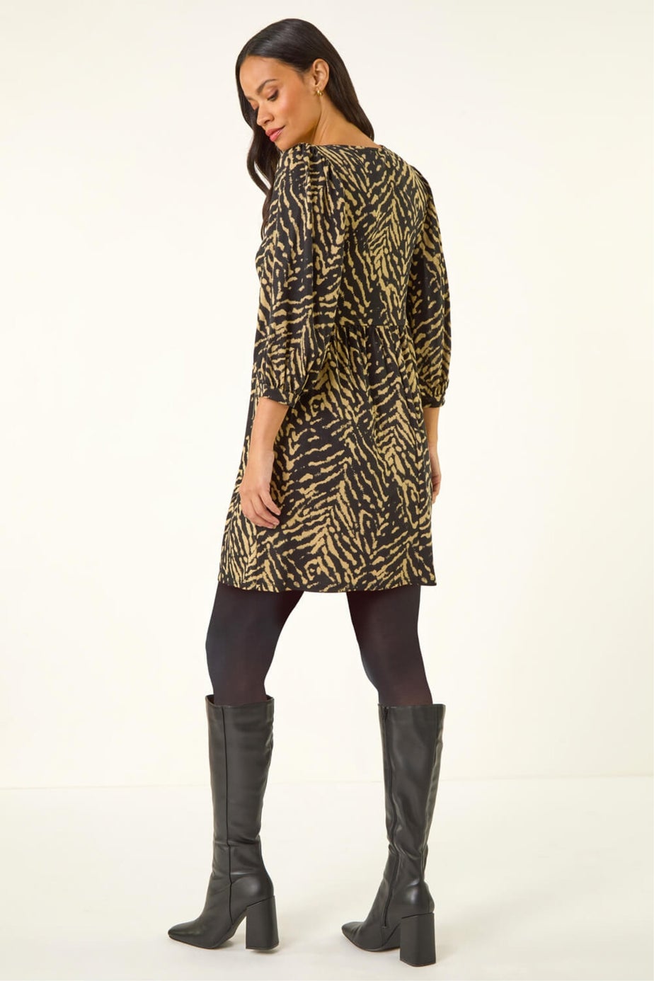 Dusk Black Abstract Puff Sleeve Midi Dress