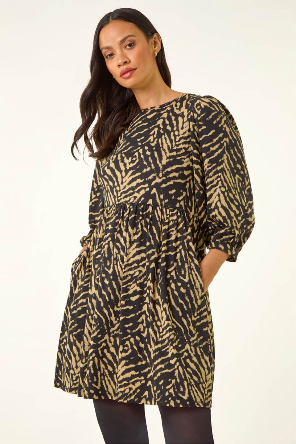 Dusk Black Abstract Puff Sleeve Midi Dress