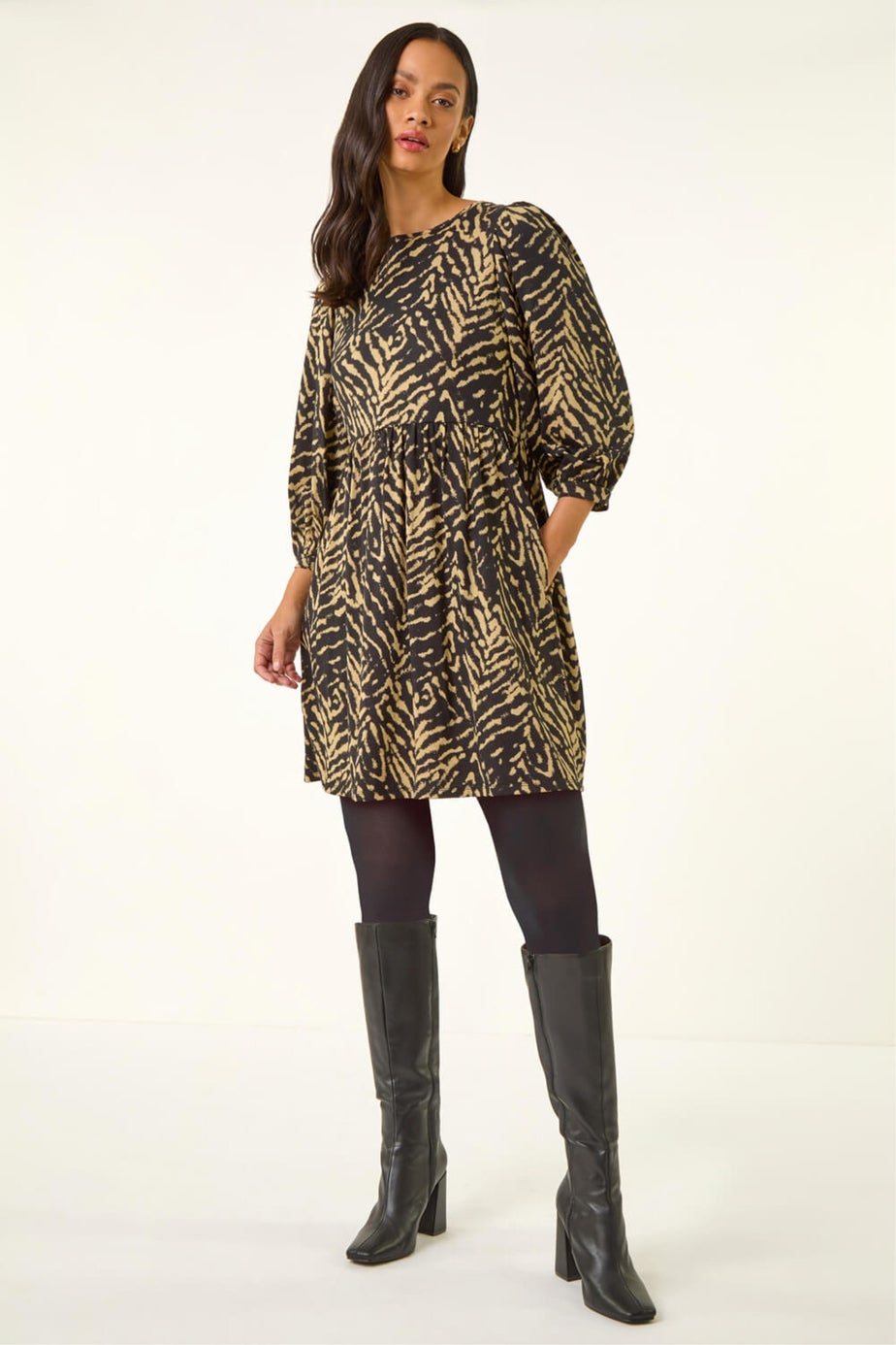 Dusk Black Abstract Puff Sleeve Midi Dress