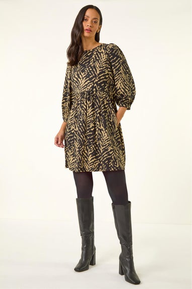 Dusk Black Abstract Puff Sleeve Midi Dress