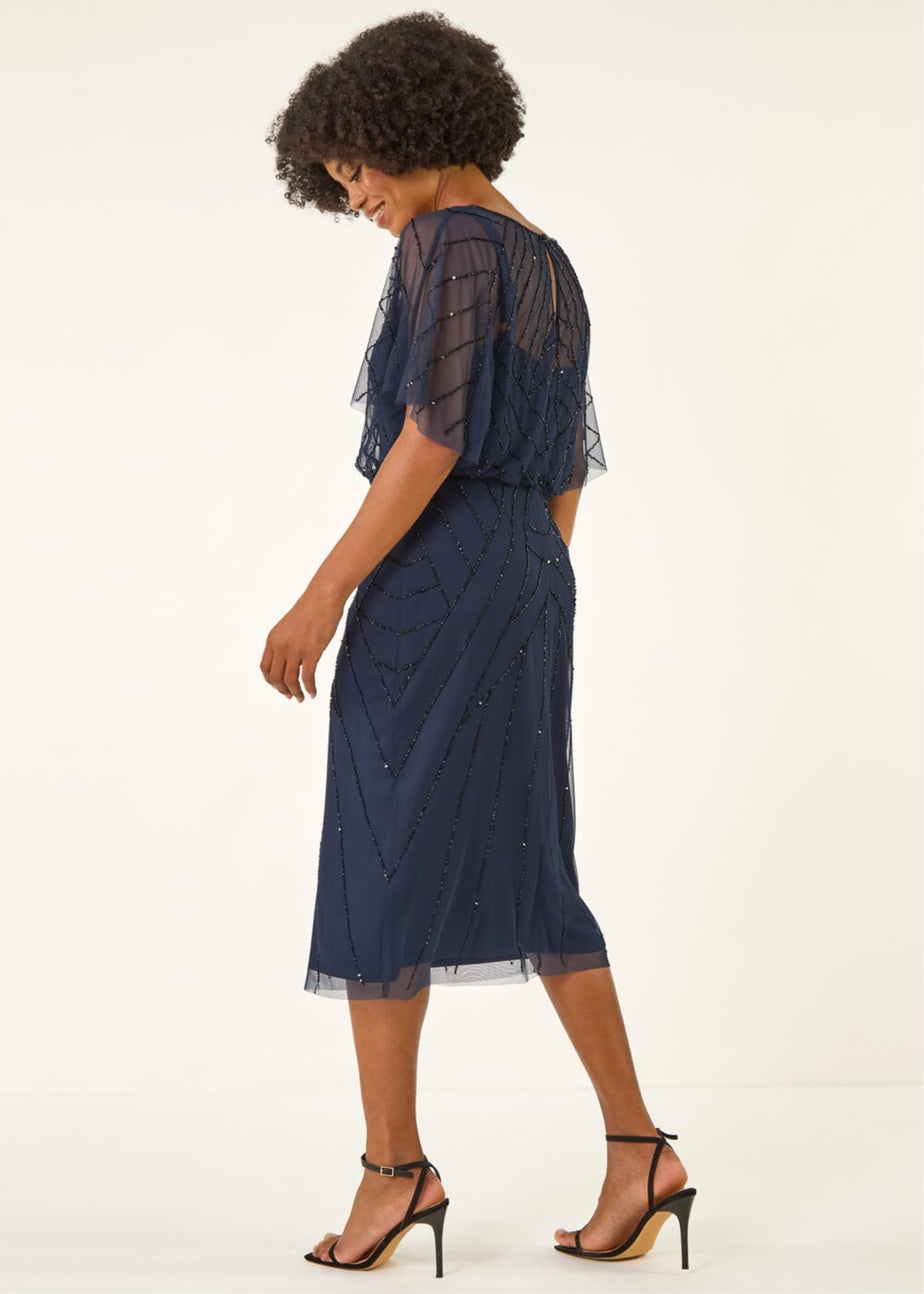 Roman Midnight Blue Beaded V-Neck Midi Dress