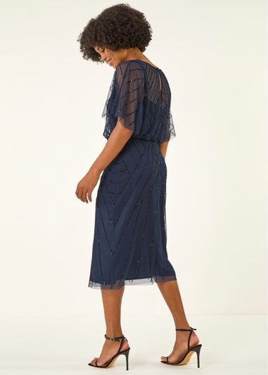 Roman Midnight Blue Beaded V-Neck Midi Dress